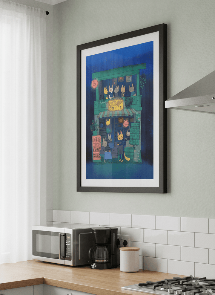 Artwork styled on the wall of a bright modern kitchen