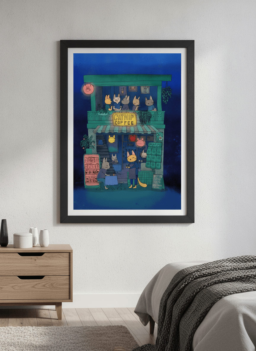 Minimalist artwork displayed in a calm, light-filled bedroom interior