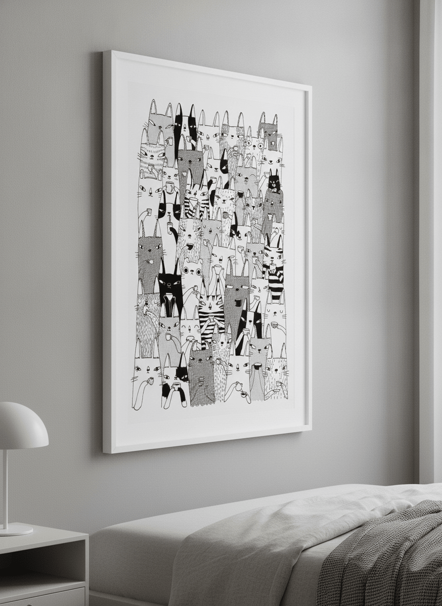 Minimalist artwork displayed in a calm, light-filled bedroom interior