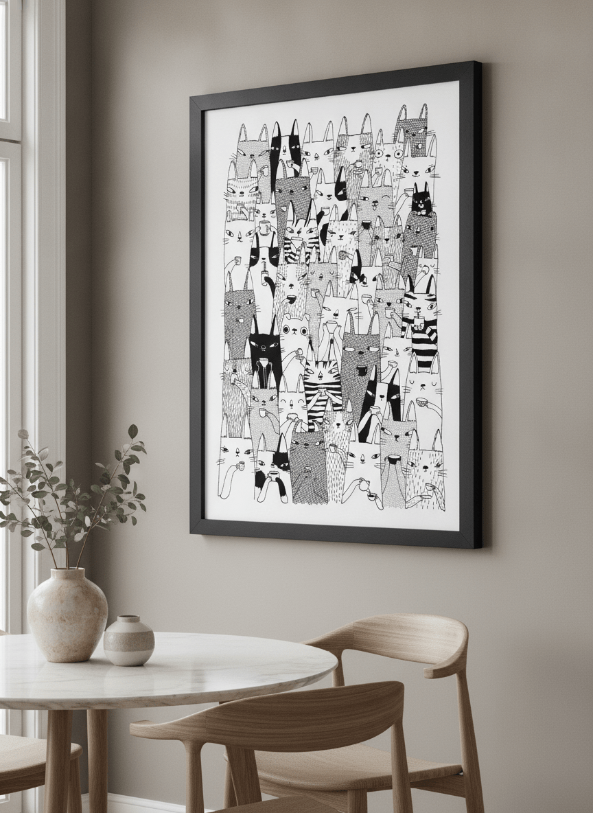 Wall art styled above a dining table in a contemporary home