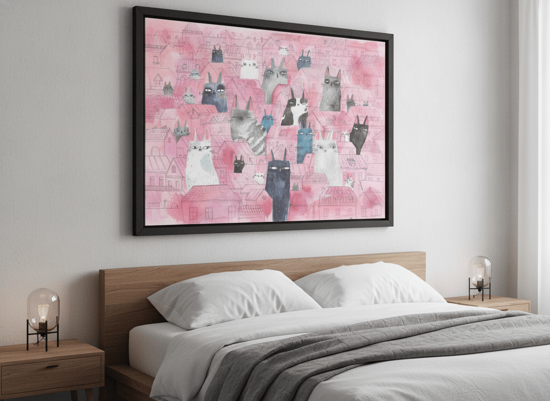 Minimalist artwork displayed in a calm, light-filled bedroom interior