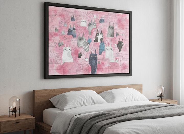 Minimalist artwork displayed in a calm, light-filled bedroom interior