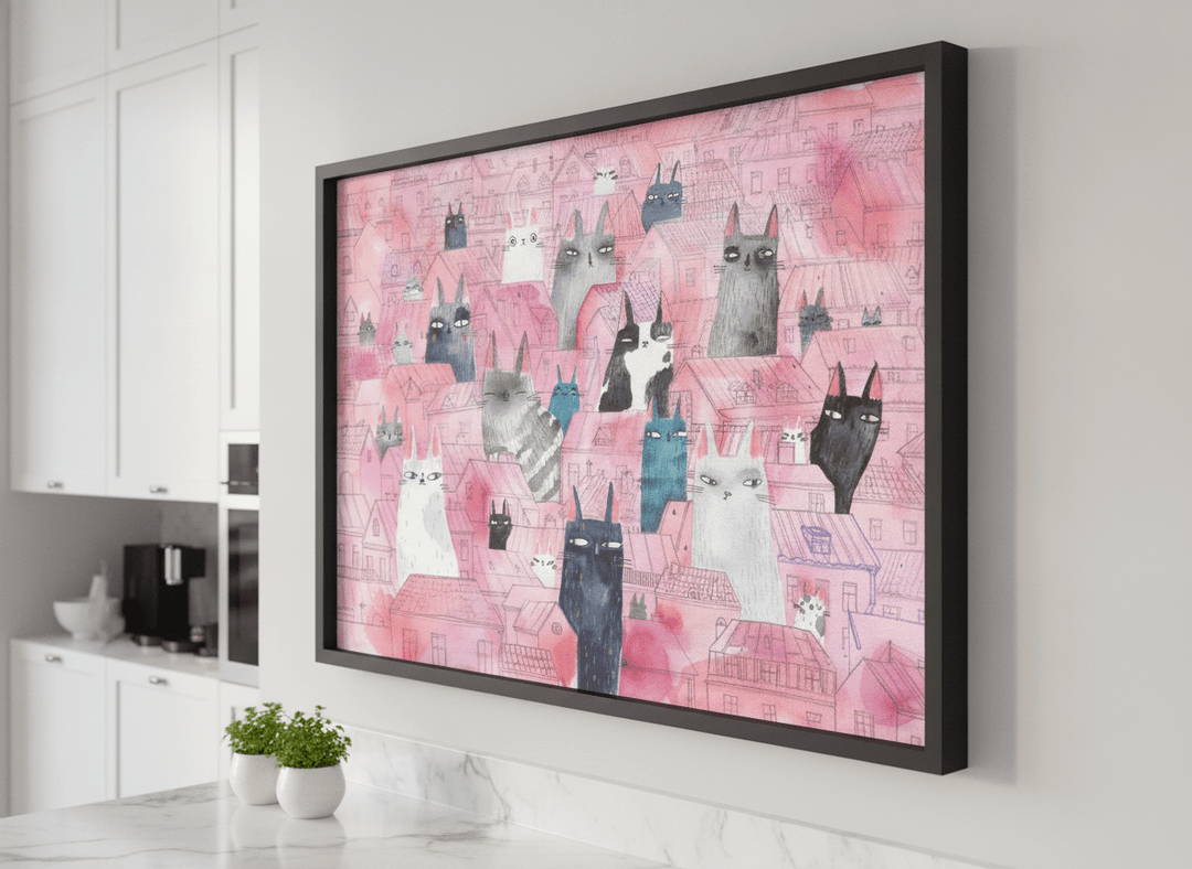 Artwork styled on the wall of a bright modern kitchen