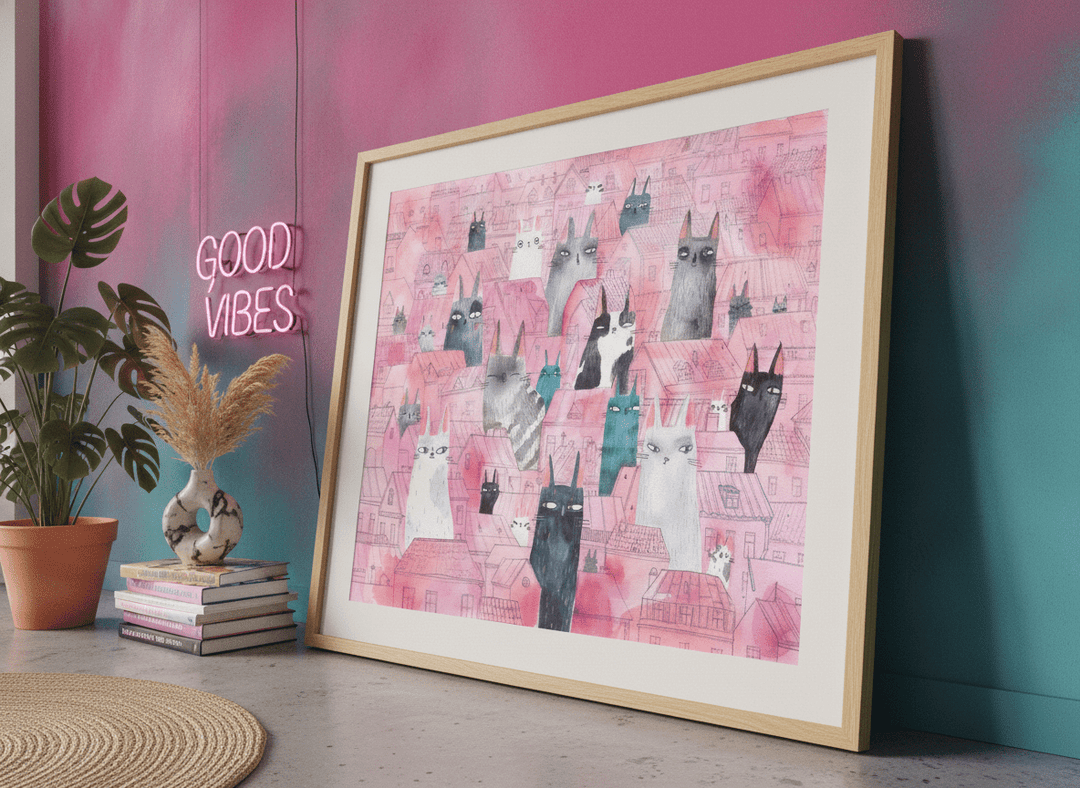 Bold wall art styled in a colourful, eclectic modern home
