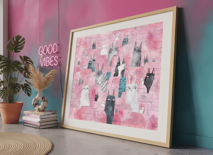 Bold wall art styled in a colourful, eclectic modern home