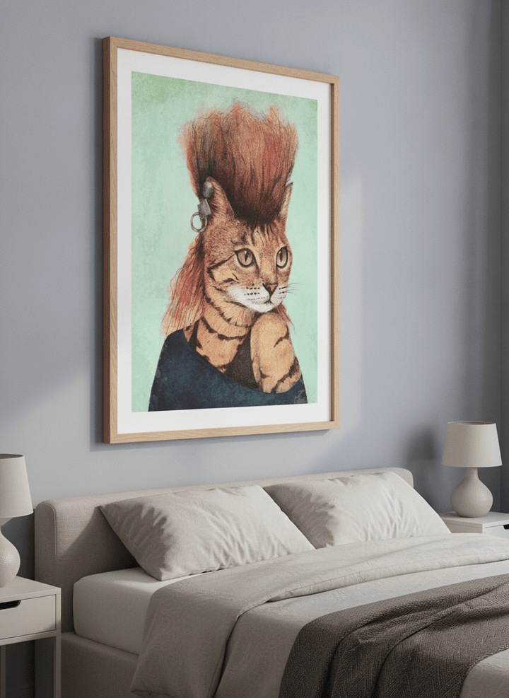 Minimalist artwork displayed in a calm, light-filled bedroom interior