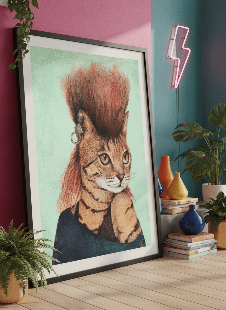Bold wall art styled in a colourful, eclectic modern home