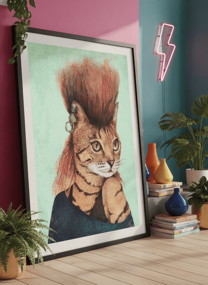 Bold wall art styled in a colourful, eclectic modern home