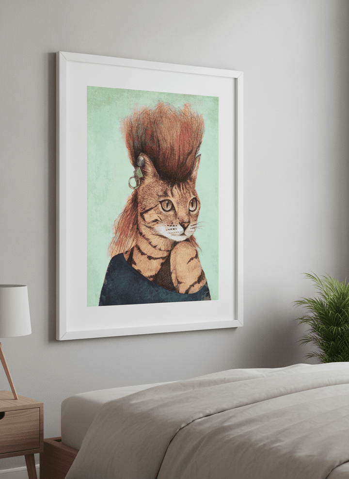 Minimalist artwork displayed in a calm, light-filled bedroom interior
