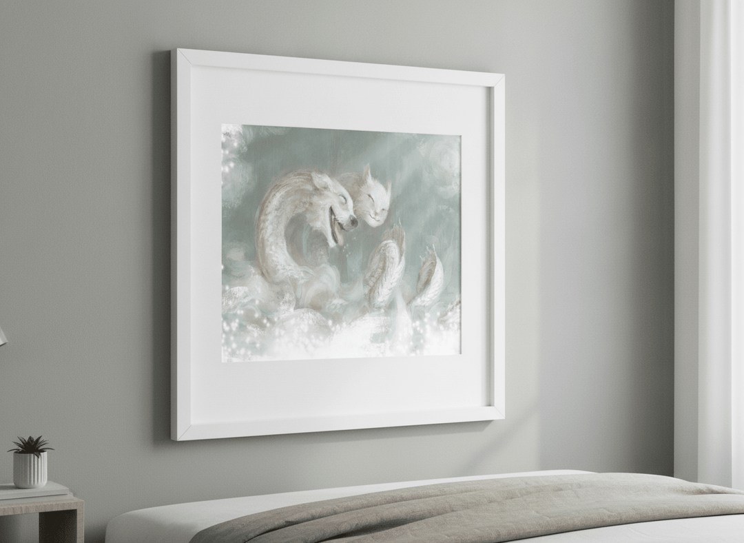 Minimalist artwork displayed in a calm, light-filled bedroom interior