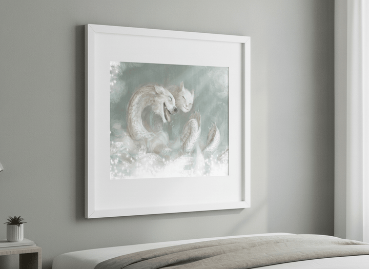 Minimalist artwork displayed in a calm, light-filled bedroom interior