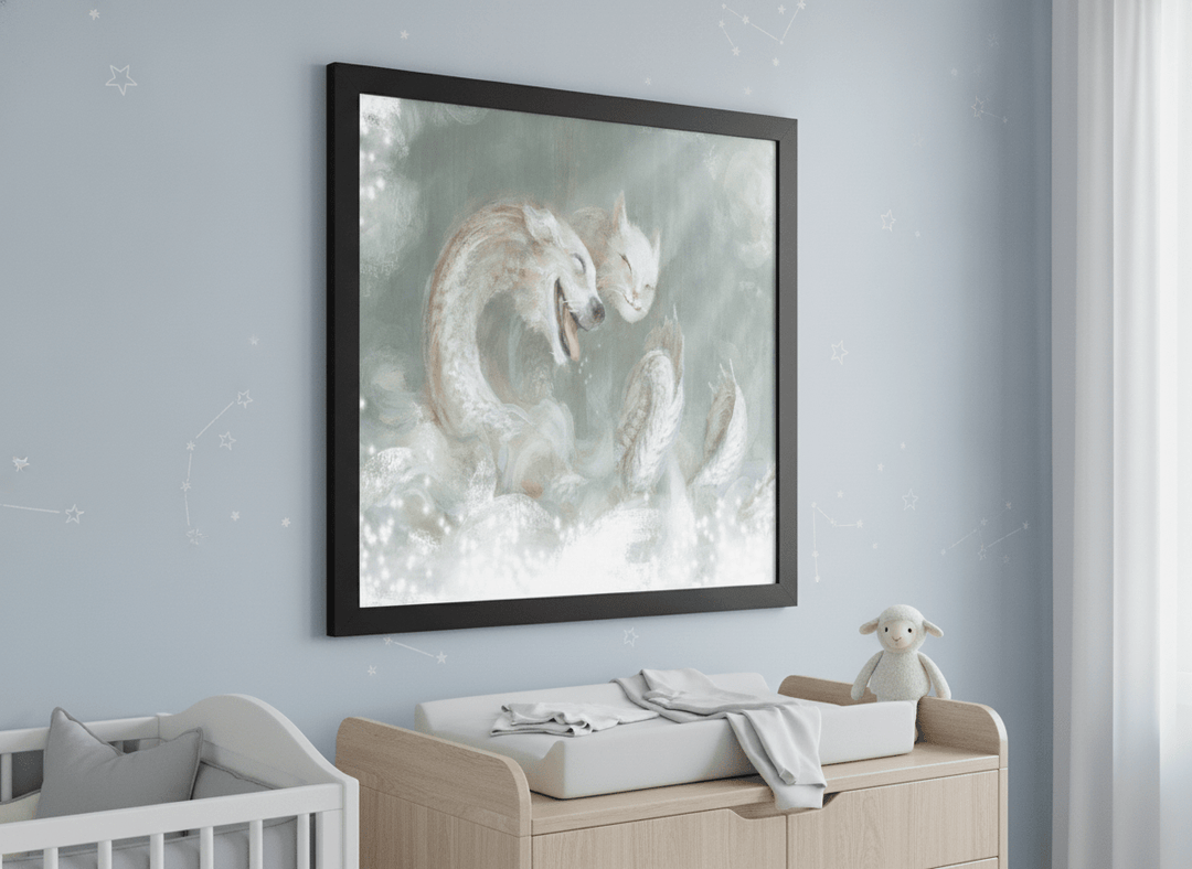 Soft neutral wall art styled in a serene nursery with pastel tones