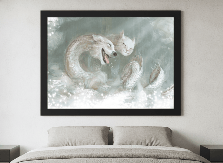 Minimalist artwork displayed in a calm, light-filled bedroom interior