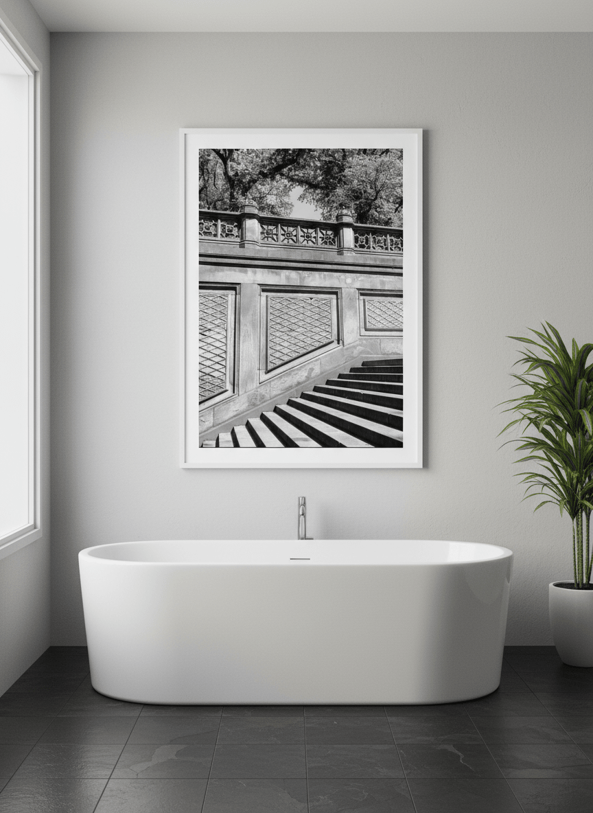 Modern print displayed in a clean minimalist bathroom setting