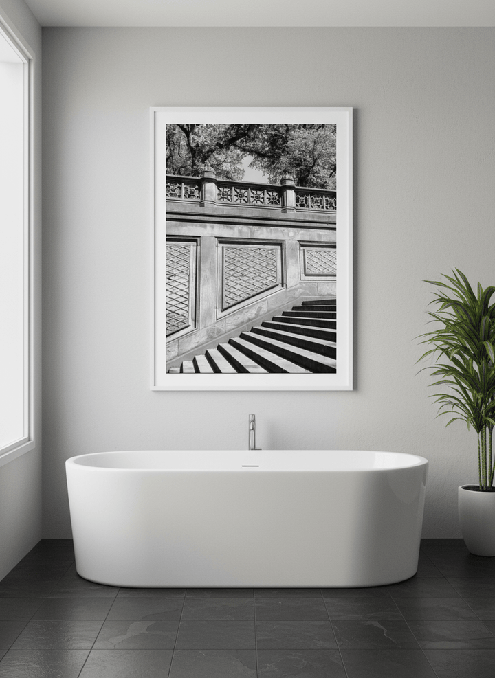 Modern print displayed in a clean minimalist bathroom setting