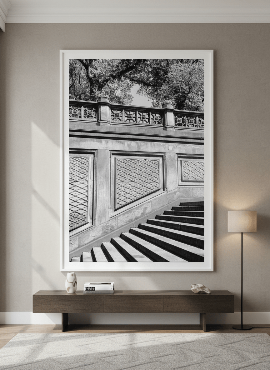 Monumental artwork centred on a feature wall in a luxe interior