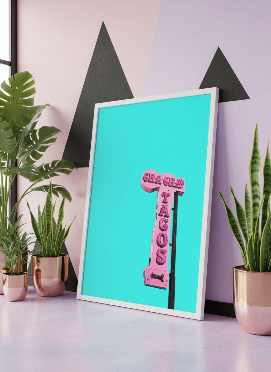 Bold wall art styled in a colourful, eclectic modern home