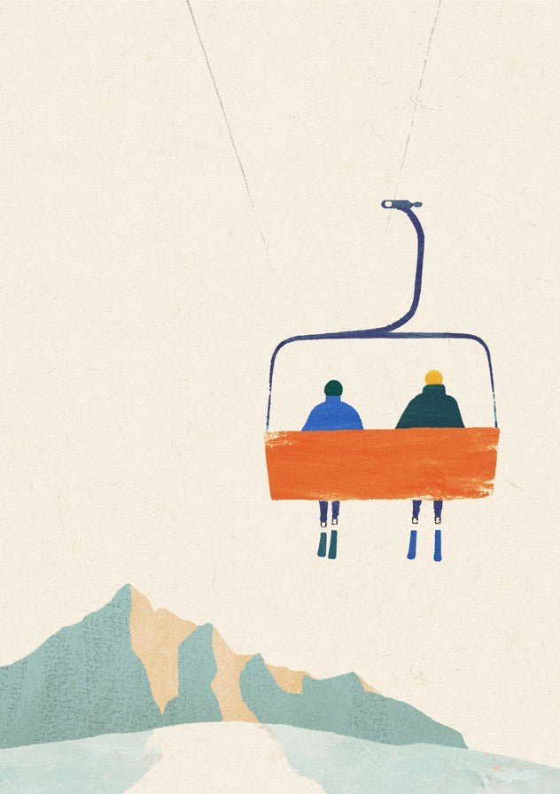 Illustration of two people on a ski lift with mountains in the background. framed