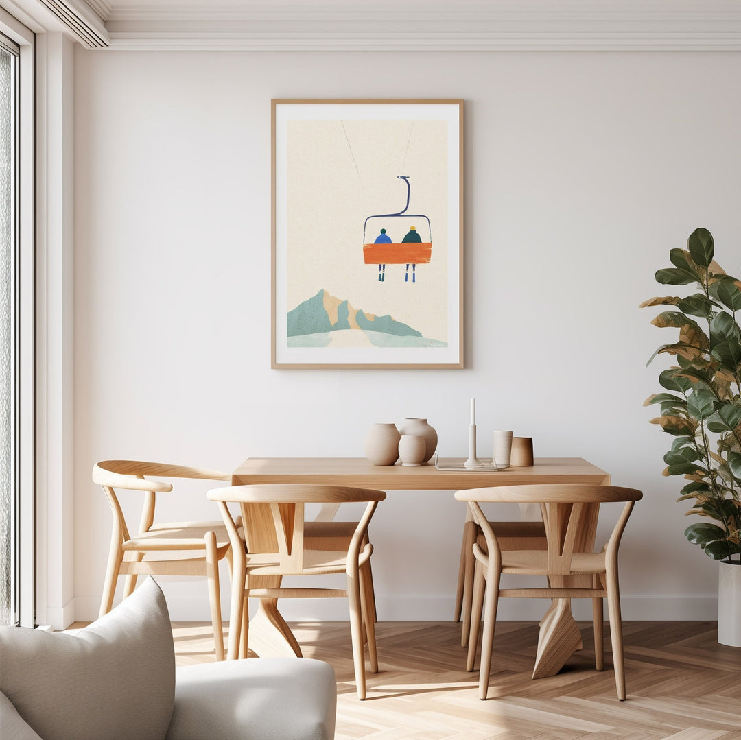 artwork hanged on dining room with wooden dining table and chairs