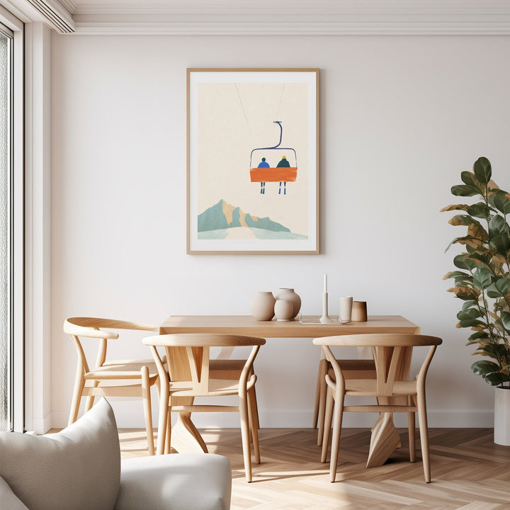 artwork hanged on dining room with wooden dining table and chairs