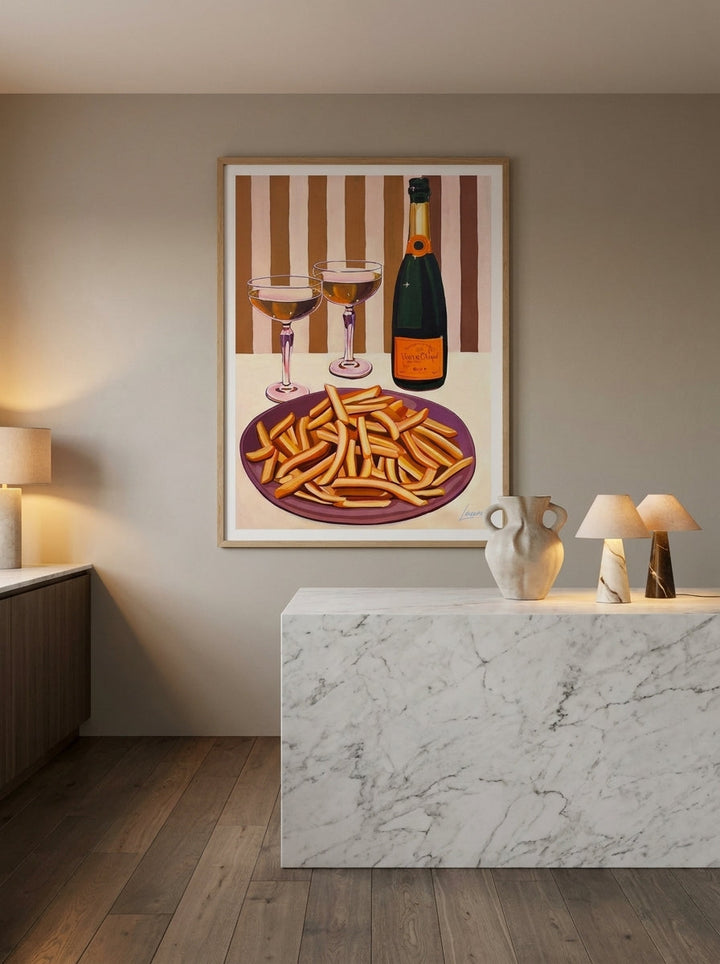 Modern wall art print styled on the wall in a luxe kitchen