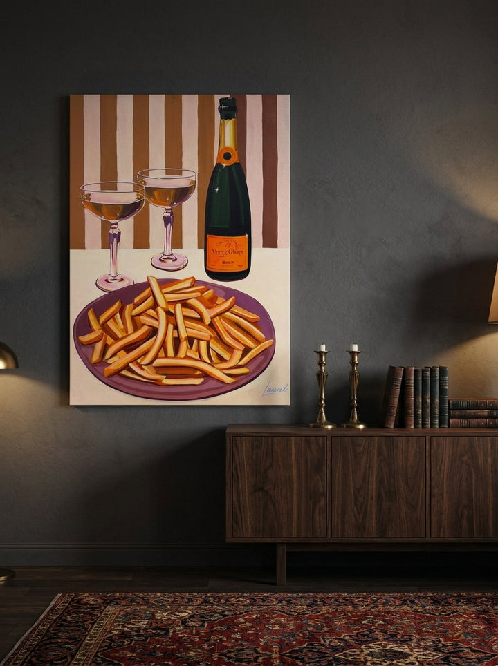 Stretched canvas wall art styled on the wall in a moody living room