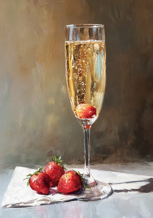 Champagne And Strawberries Oil Painting Illustration Wall Art Poster Food and Drink Prints frame