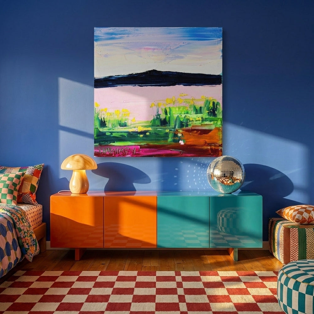 Stretched canvas wall art styled on the wall in a colourful eclectic living room
