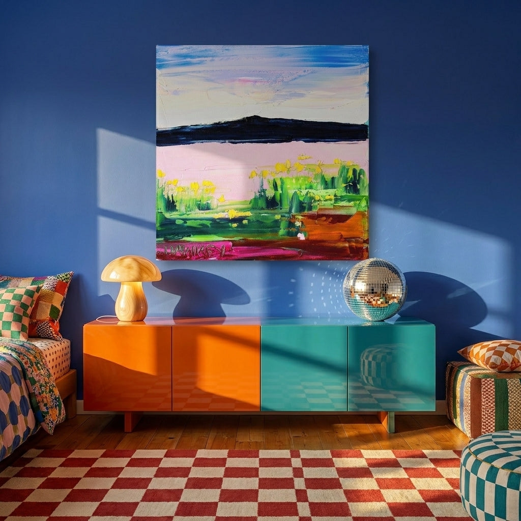 Stretched canvas wall art styled on the wall in a colourful eclectic living room