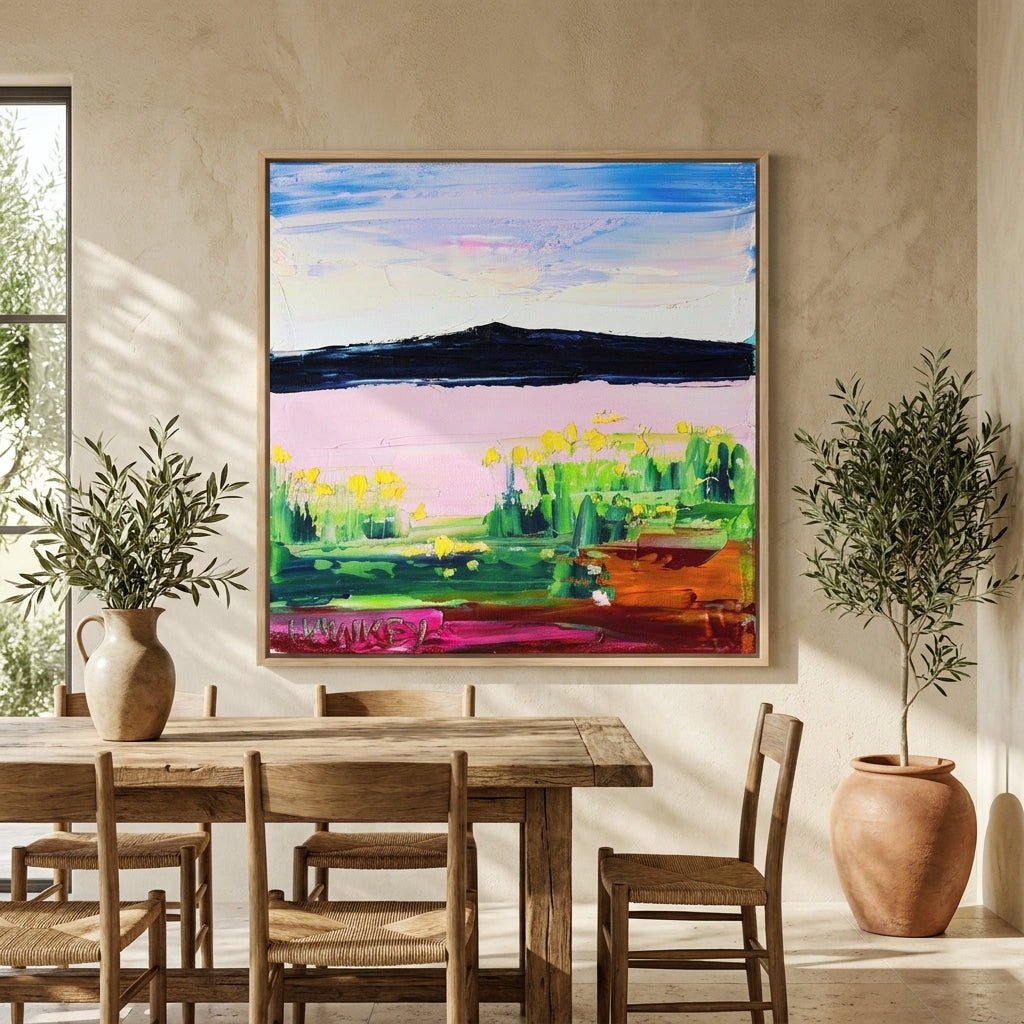Oversized statement canvas wall art with a natural timber surround styled on the wall in a Mediterranean dining room