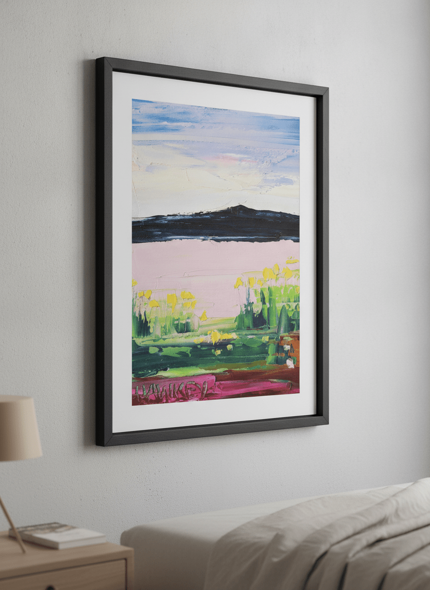 Minimalist artwork displayed in a calm, light-filled bedroom interior
