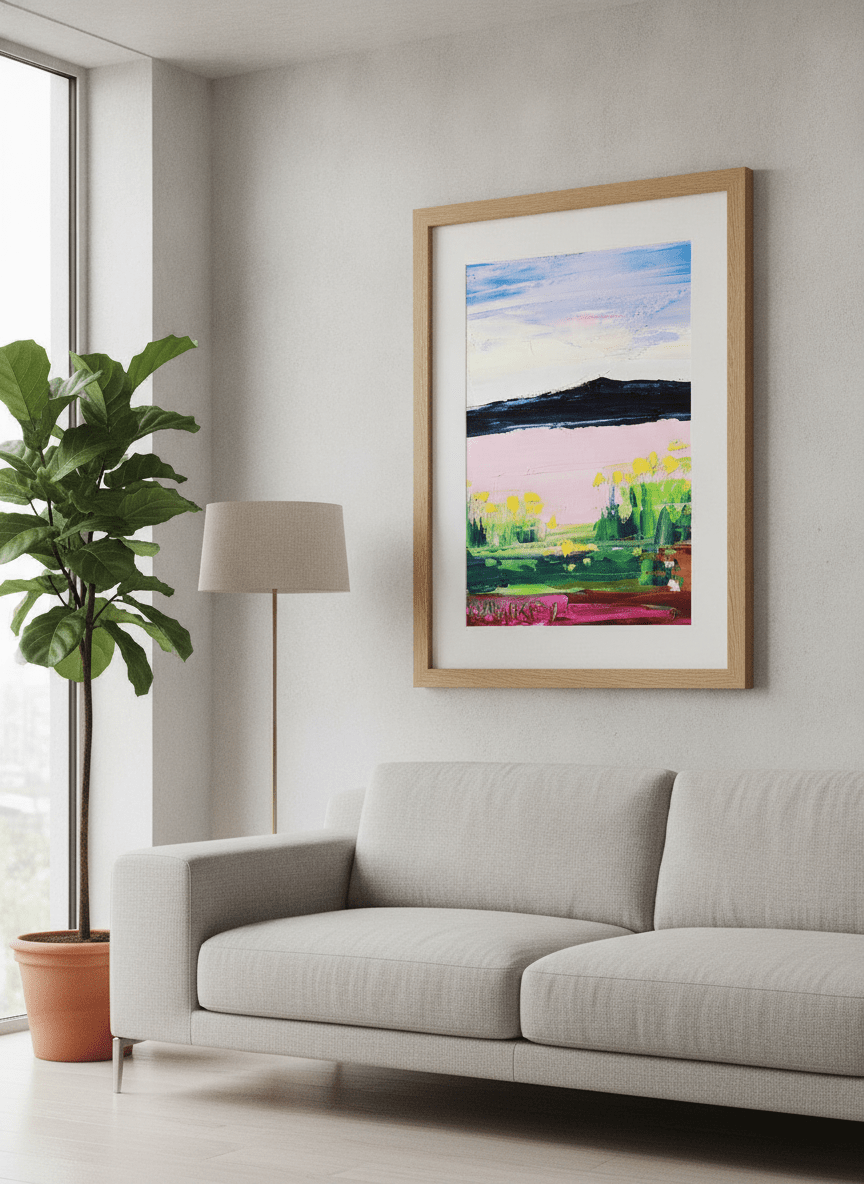 Modern wall art styled above a sofa in a neutral living room