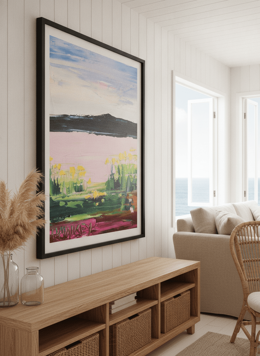 Neutral wall art displayed in a sunny coastal beach house