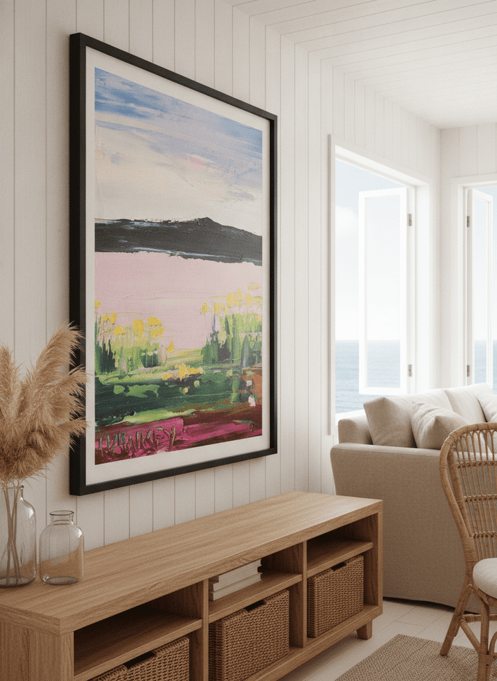 Neutral wall art displayed in a sunny coastal beach house
