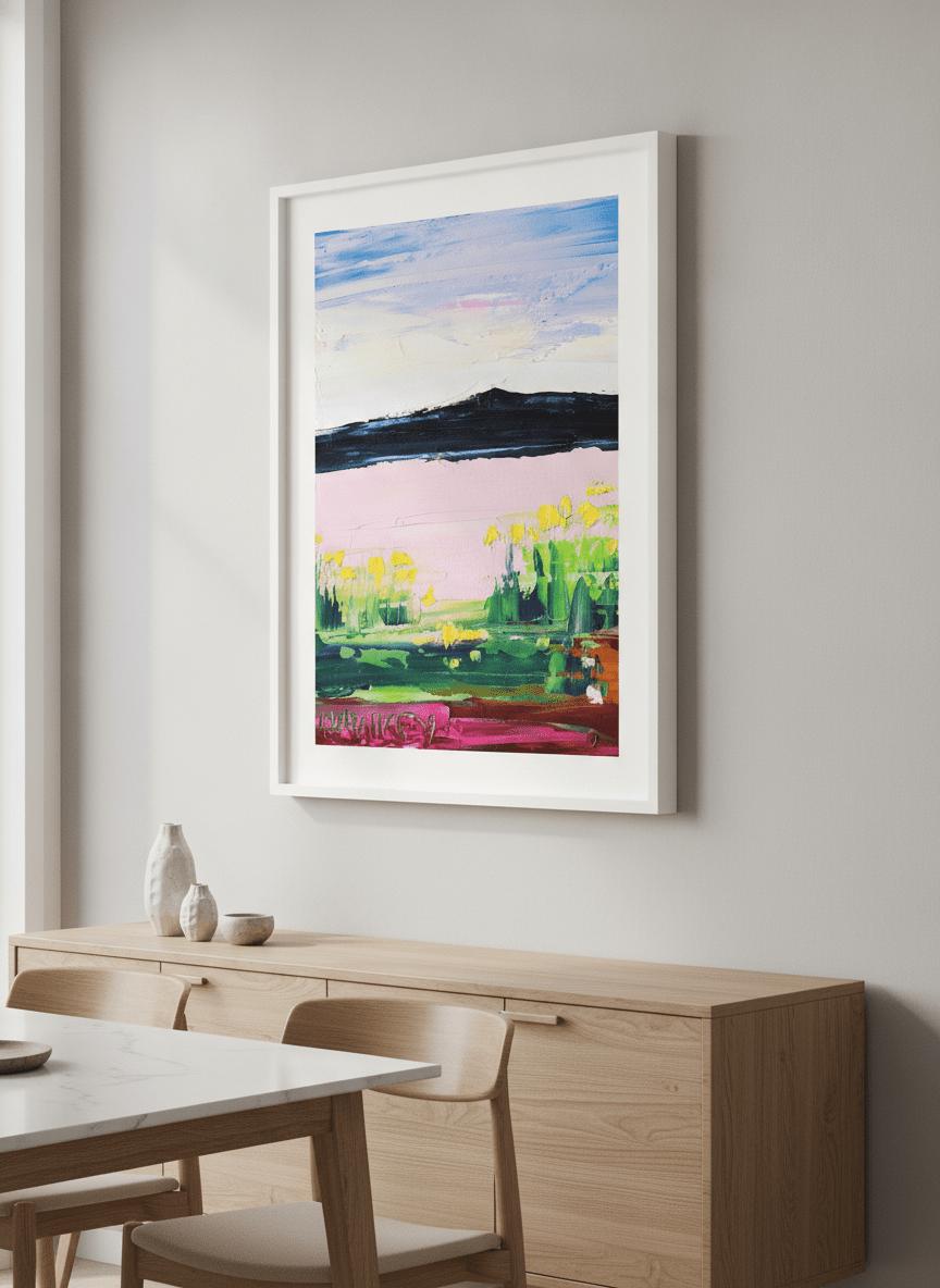 Wall art styled above a dining table in a contemporary home