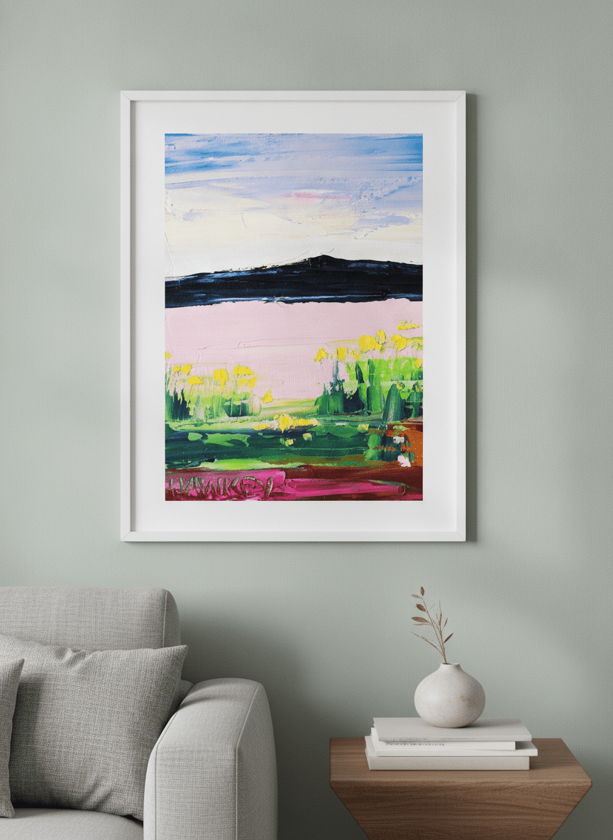 Modern wall art styled above a sofa in a neutral living room