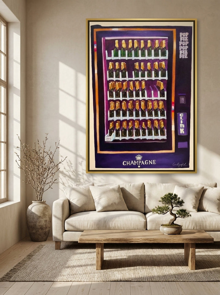 Oversized statement canvas wall art with a gold leaf surround styled on the wall in a warm Japandi living room