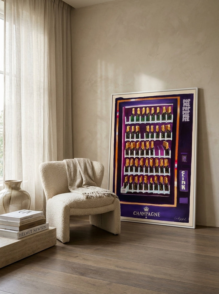 Oversized statement modern wall art print leaning against the wall in a luxe living room