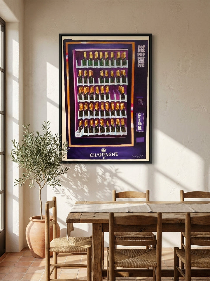Canvas wall art with a black surround styled on the wall in a Mediterranean dining room