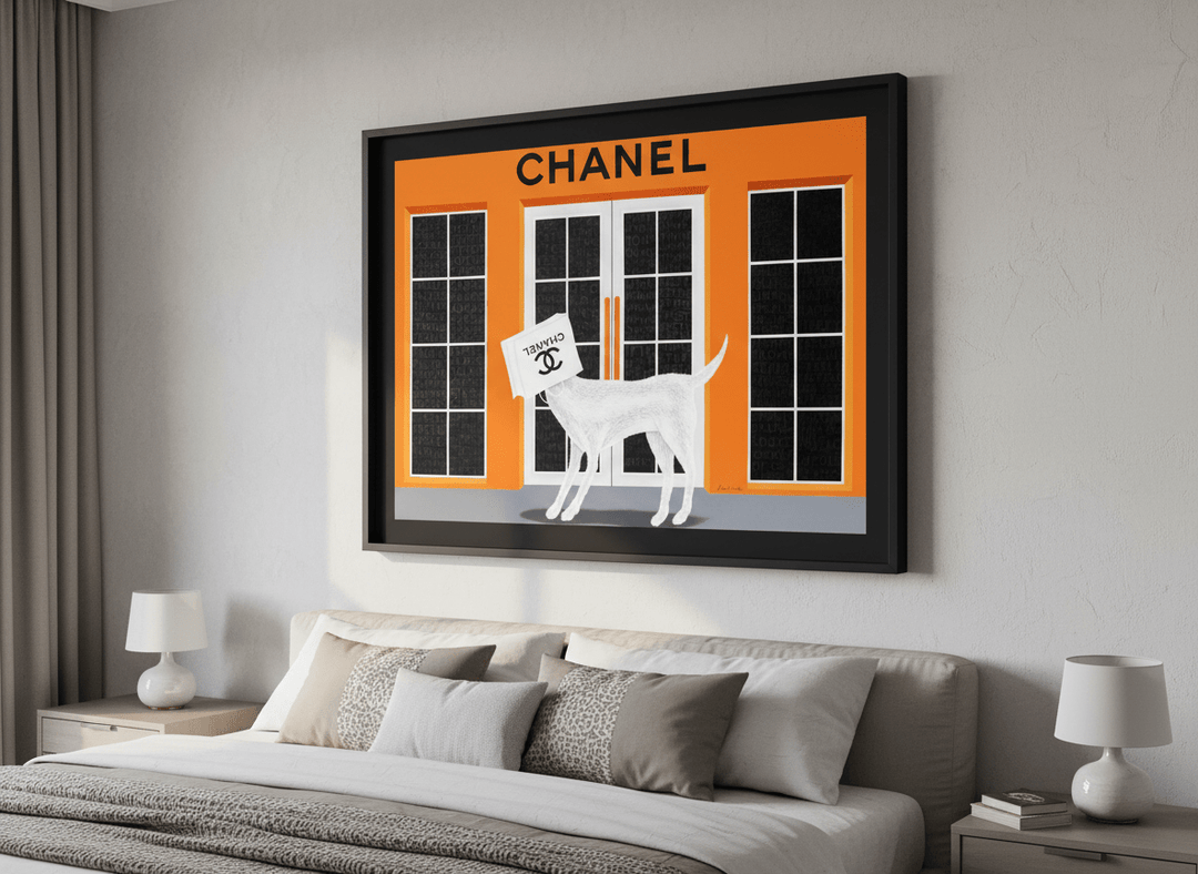 Minimalist artwork displayed in a calm, light-filled bedroom interior