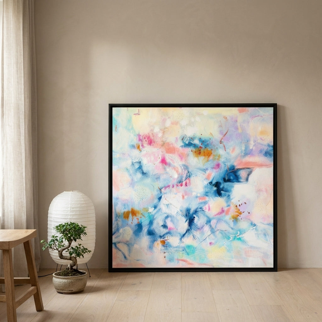 Canvas wall art with a black surround leaning against the wall in a warm Japandi home office