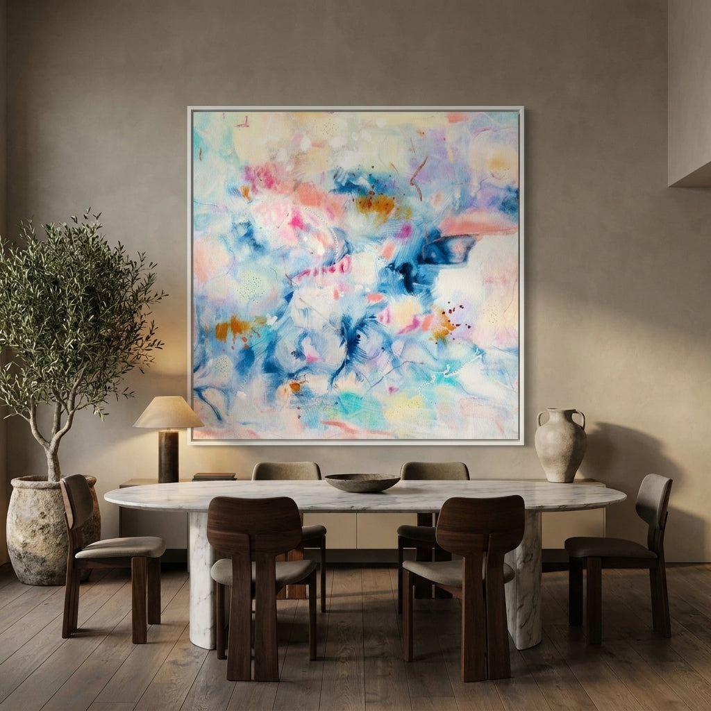 Oversized statement canvas wall art with a white surround styled on the wall in a luxe dining room
