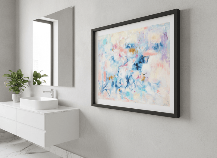 Modern print displayed in a clean minimalist bathroom setting