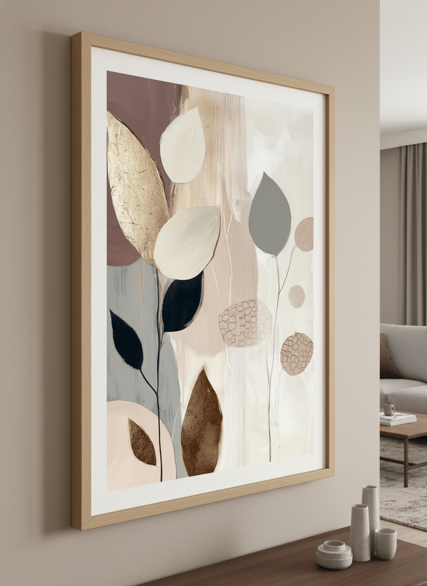 Modern wall art styled above a sofa in a neutral living room