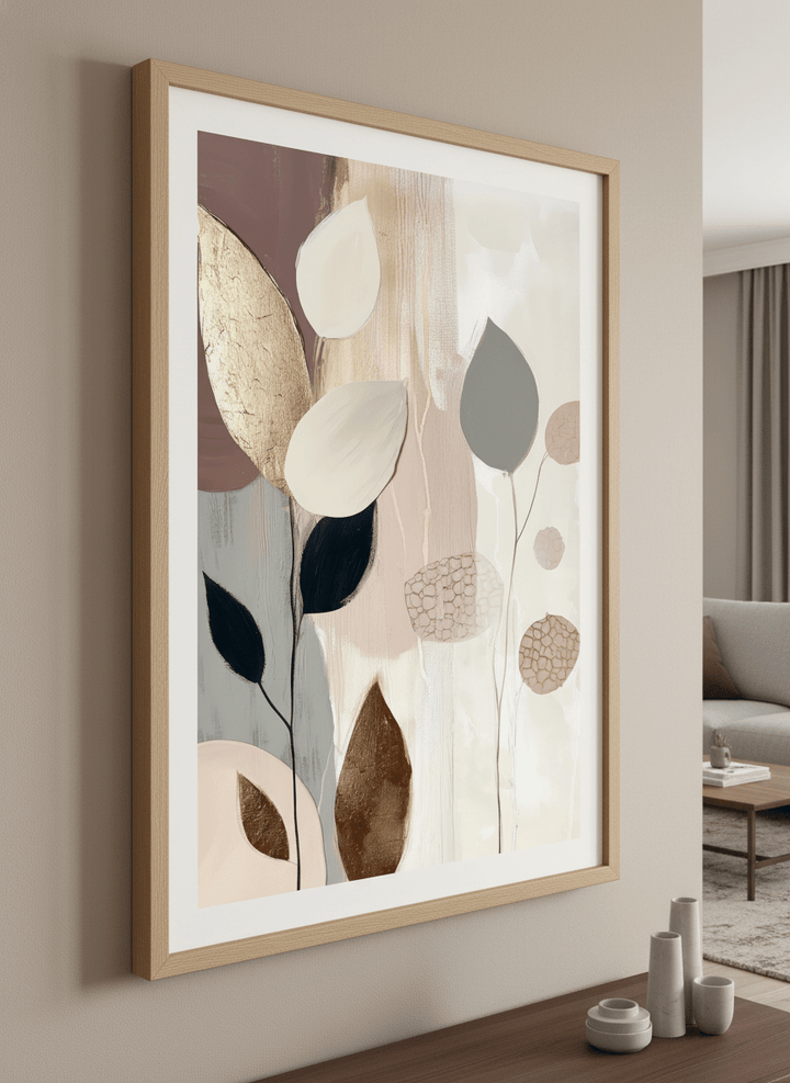 Modern wall art styled above a sofa in a neutral living room