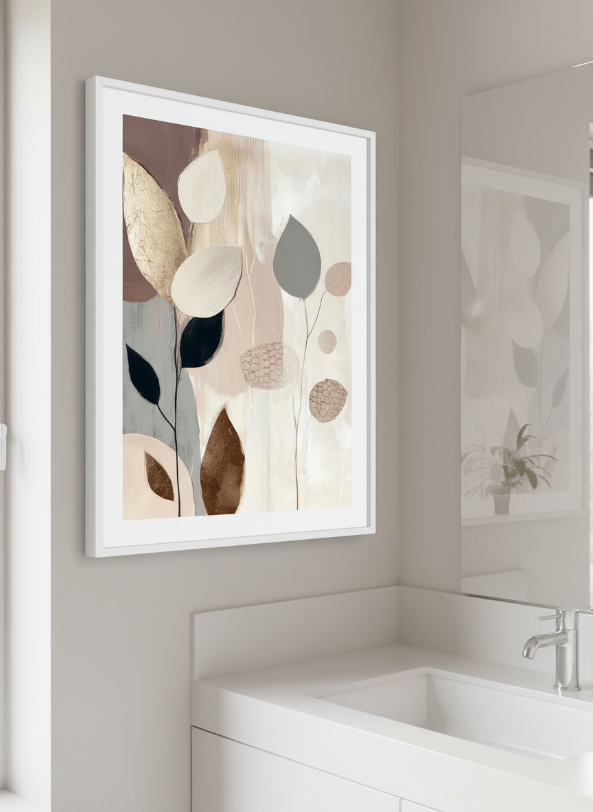 Modern print displayed in a clean minimalist bathroom setting