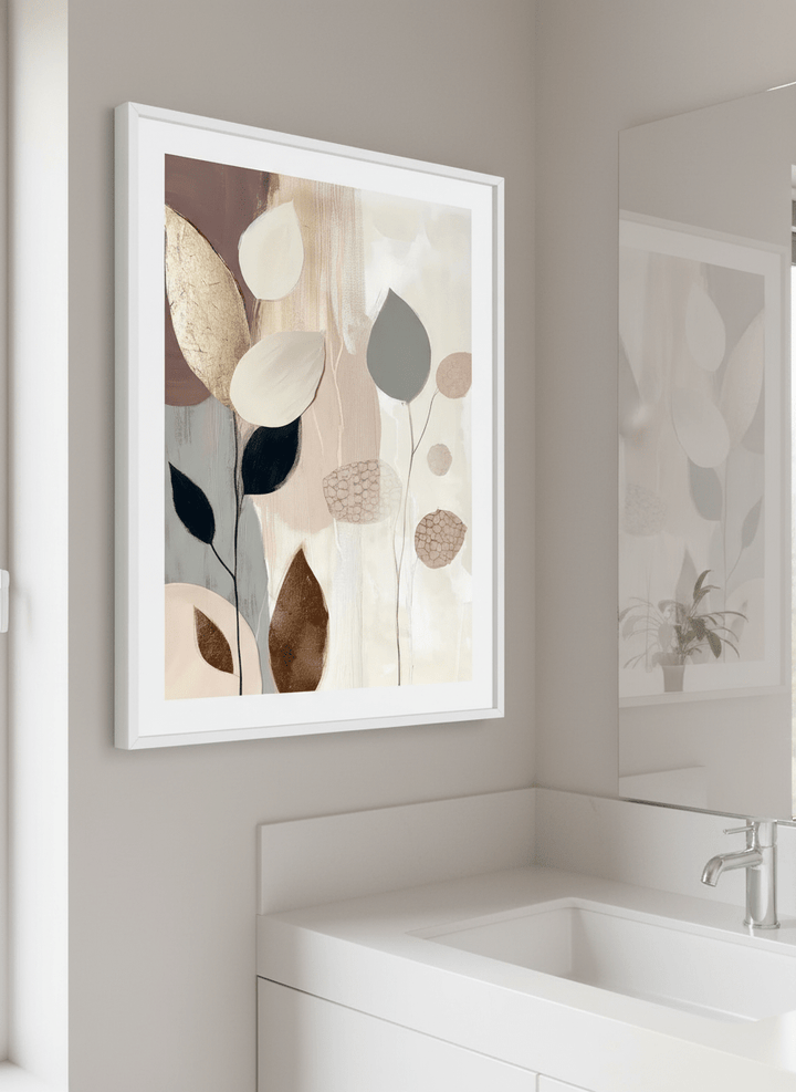 Modern print displayed in a clean minimalist bathroom setting
