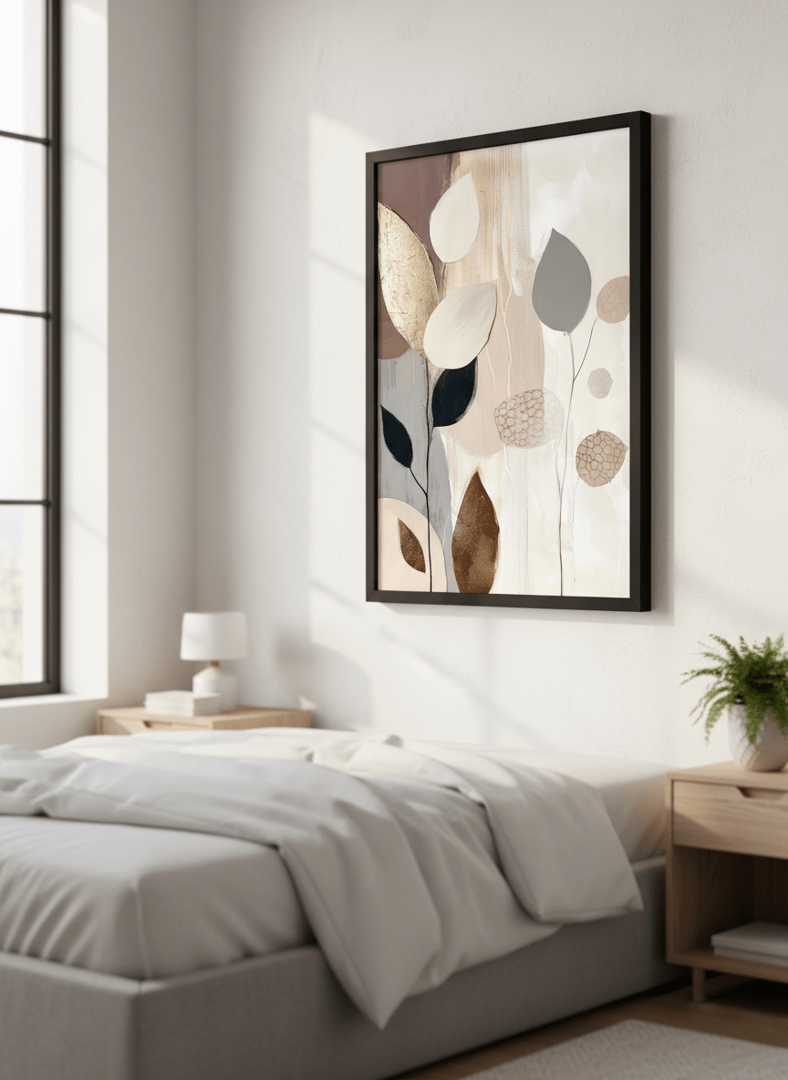 Minimalist artwork displayed in a calm, light-filled bedroom interior