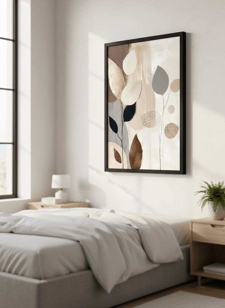 Minimalist artwork displayed in a calm, light-filled bedroom interior