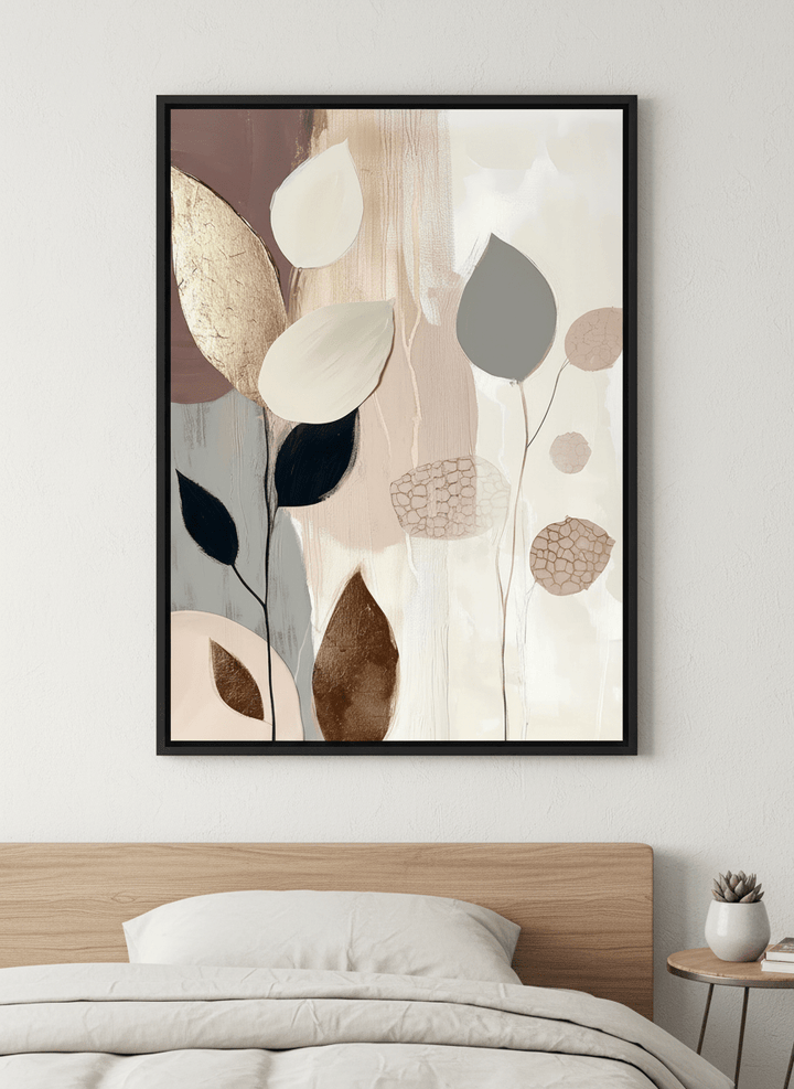 Minimalist artwork displayed in a calm, light-filled bedroom interior